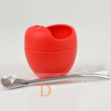 Mate Becher Silikon Delicatino ROT - mit Bombilla Cuchara 15,5cm (Extra flexibel)