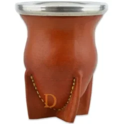 Mate de vidrio forrado en cuero marron (Glasmate mit braunem Leder überzogen)