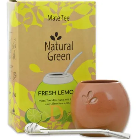 Mate Set Natural Green FRESH LEMON - KERAMIK (FRESH LEMON 500g + Mate Becher Pardo + Bombilla Cuchara)