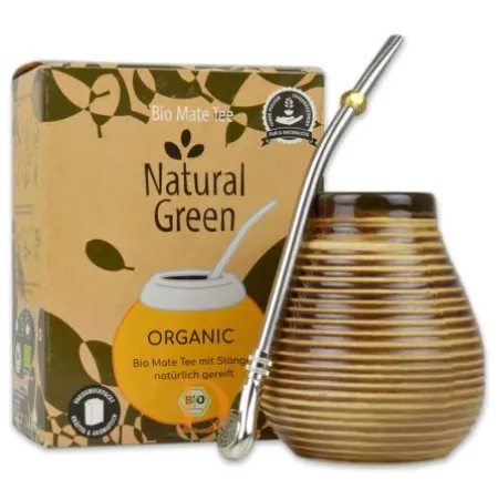 Mate Set Natural Green ORGANIC - RUSTICO BRAUN (ORGANIC 500g + Mate Becher Rustico braun+ Bombilla Pampa 19cm)
